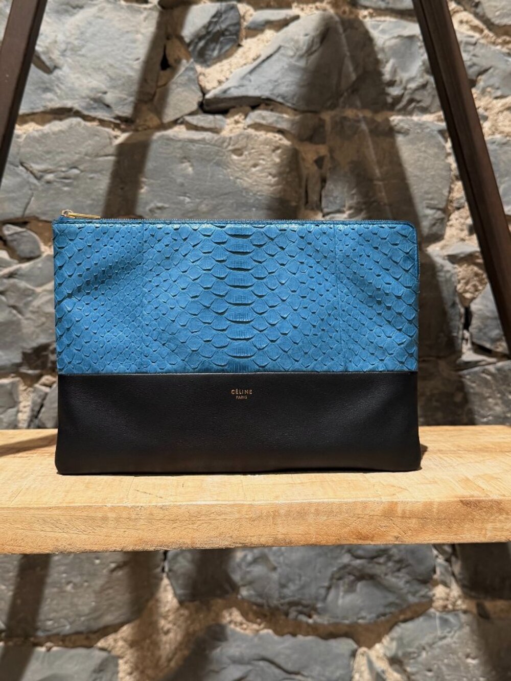 Céline Blue Python Black Leather Solo Pouch